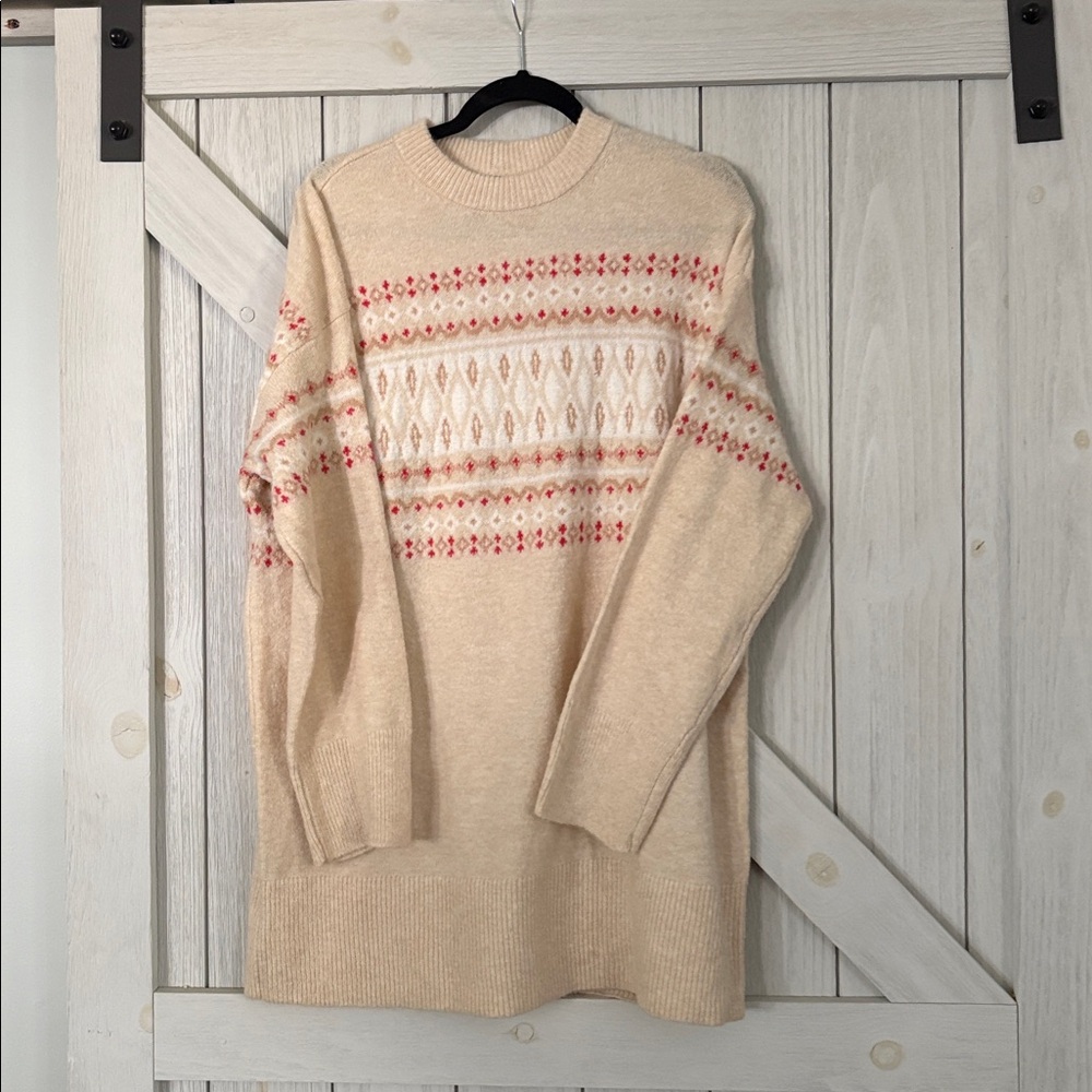 AE CREWNECK HOLIDAY RED BEIGE SWEATER DRESS - Picture 2 of 7